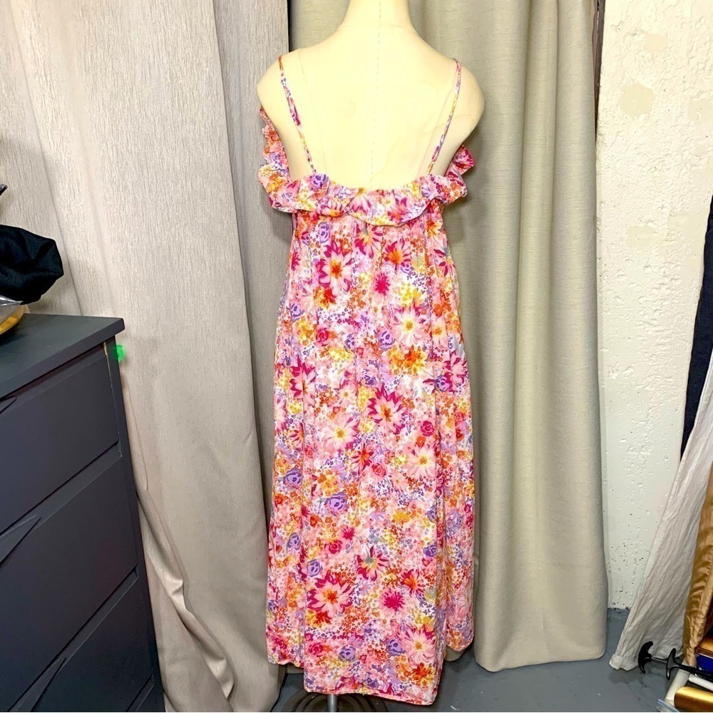 Floral Maxi Dress Pink Sz M Colorful Cotton Ruffle Neckline Boho Prairie - Picture 12 of 13